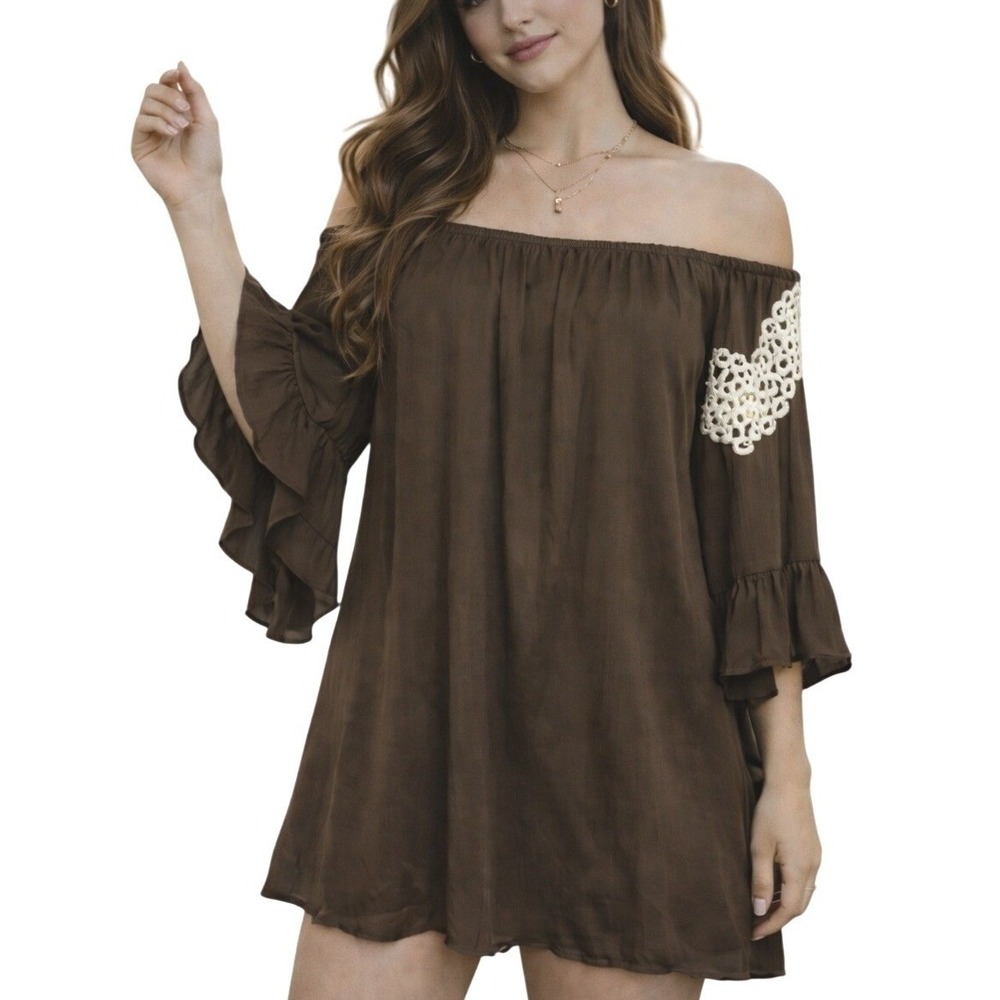 Brown Off The Shoulder Crochet Flutter Sleeve Dress Medium Cottage Boho